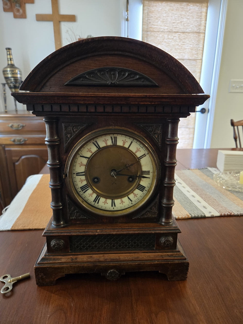Antique HAC Windup 14 Day Strike Brown Wood Mantel Clock